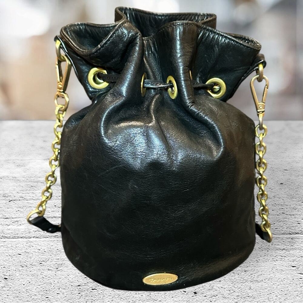 Tahari Black Leather Gold Chain Crossbody Bucket Bag